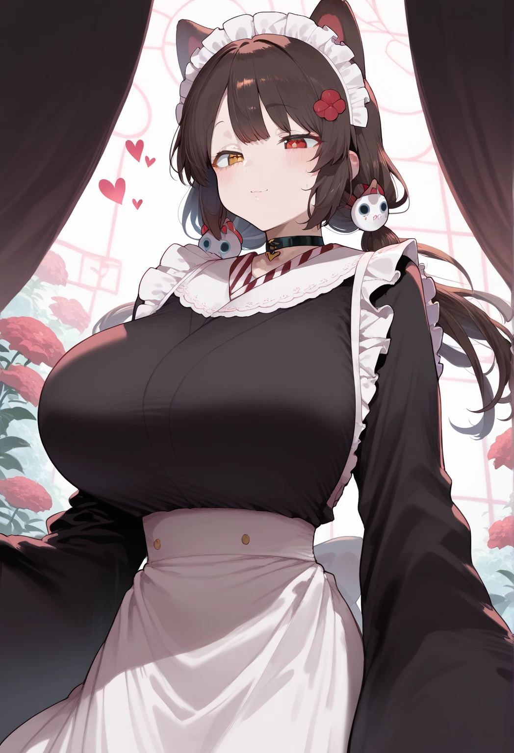  surreal, , flower,  twin tails, low  twin tails,  long hair , dog girl、  girl standing 、Dark brown hair、
 choker ,  maid's headdress,  black kimono ,  wide sleeve, frills, heart,  white apron,  Sleeves Over Wrist ,  skirt, red  skirt, perfect face,  perfect lighting,,  SEXY WOMEN , huge breasts,、lift up breasts