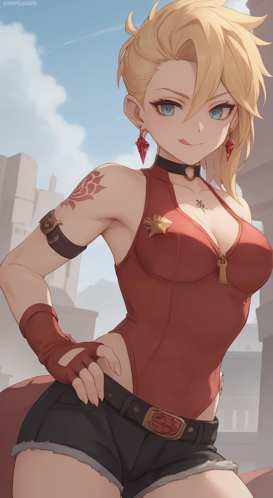 young girl, longue blonde hair, Hairpin with a bundle, turquoise eyes, Yakuza tattoos, red tight uniform, Sleeveless, Wide neckline on the chest to the abdomen, Gold Elements, Red gold armor, Shorts, claws, Masterpiece, hiquality, 4k, HD, Good detail