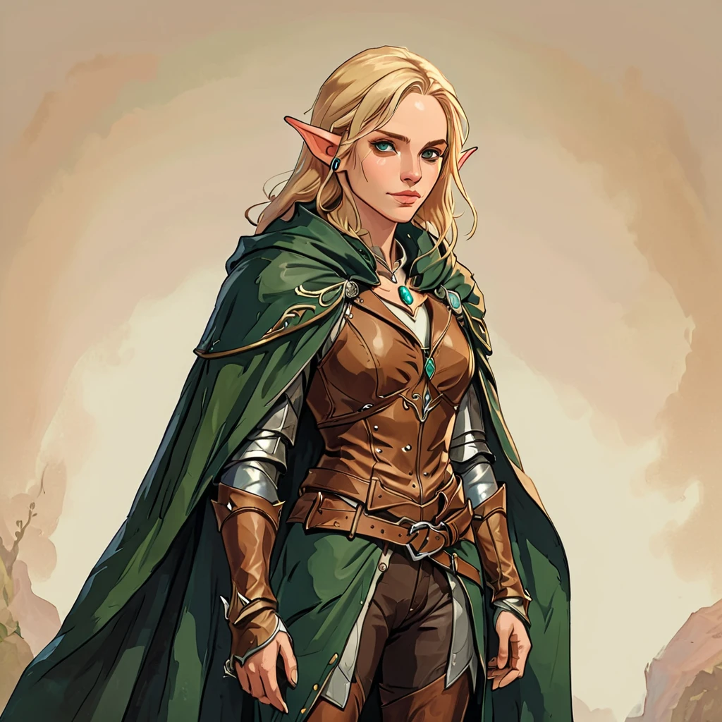 1woman, no background,
(light rose skin color), shoulder-length blonde hair, pointed elf ears, blue eye color,
(Brown leather armor:1.2), leather leggings and boots, green cloak and hood held together with silver brooch,
sfw, full-body portrait, one hand on hip,
masterpiece, best quality