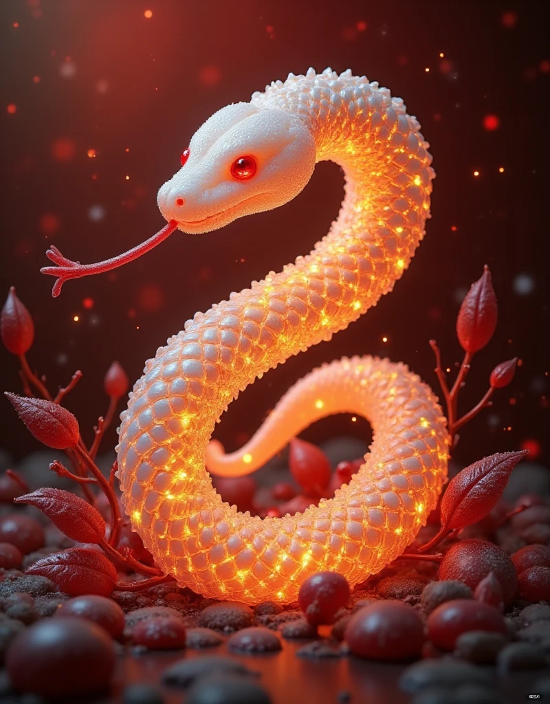 Overlapping scales,Overlapping scales,This is a highly detailed digital illustration depicting a snake gracefully coiled on a red gradient background. The snake's body is intricately composed of overlapping scales that shimmer with a metallic sheen,mostly shades of white,silver,and gold,with occasional sprinkles of red and orange. Its eyes are large and brightly colored,with a bright red color that gives an otherworldly feel. The snake's head is tilted slightly and its tongue sticks out,indicating vigilance and readiness to attack. Light plays a crucial role in this piece,with intense brightness highlighting the snake's scales and surrounding leaves,creating a sense of depth and dimension. The overall style is realistic with a touch of fantasy,and the texture of the snake scales is nuanced,adding a sense of realism and depth to the illustration. This vivid,dynamic image captures the essence of a mythical creature in a fascinating,fantastical setting.,