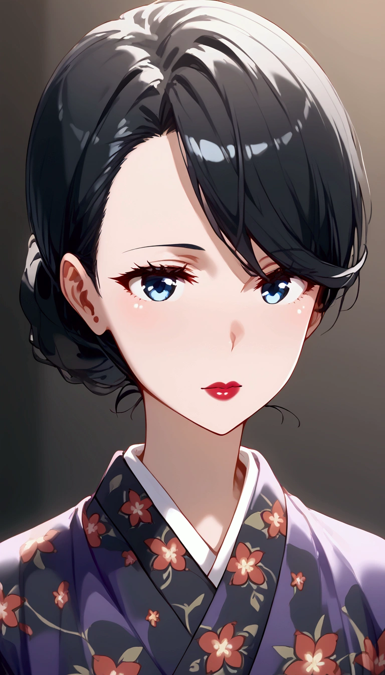 score_9, score_8_up, score_9, shiny skin, shiny, 
Yukinoshitamama, 
single hair bun, black hair, blue eyes, red lips
purple kimono, floral print
print kimono, black kimono, shippou (pattern)