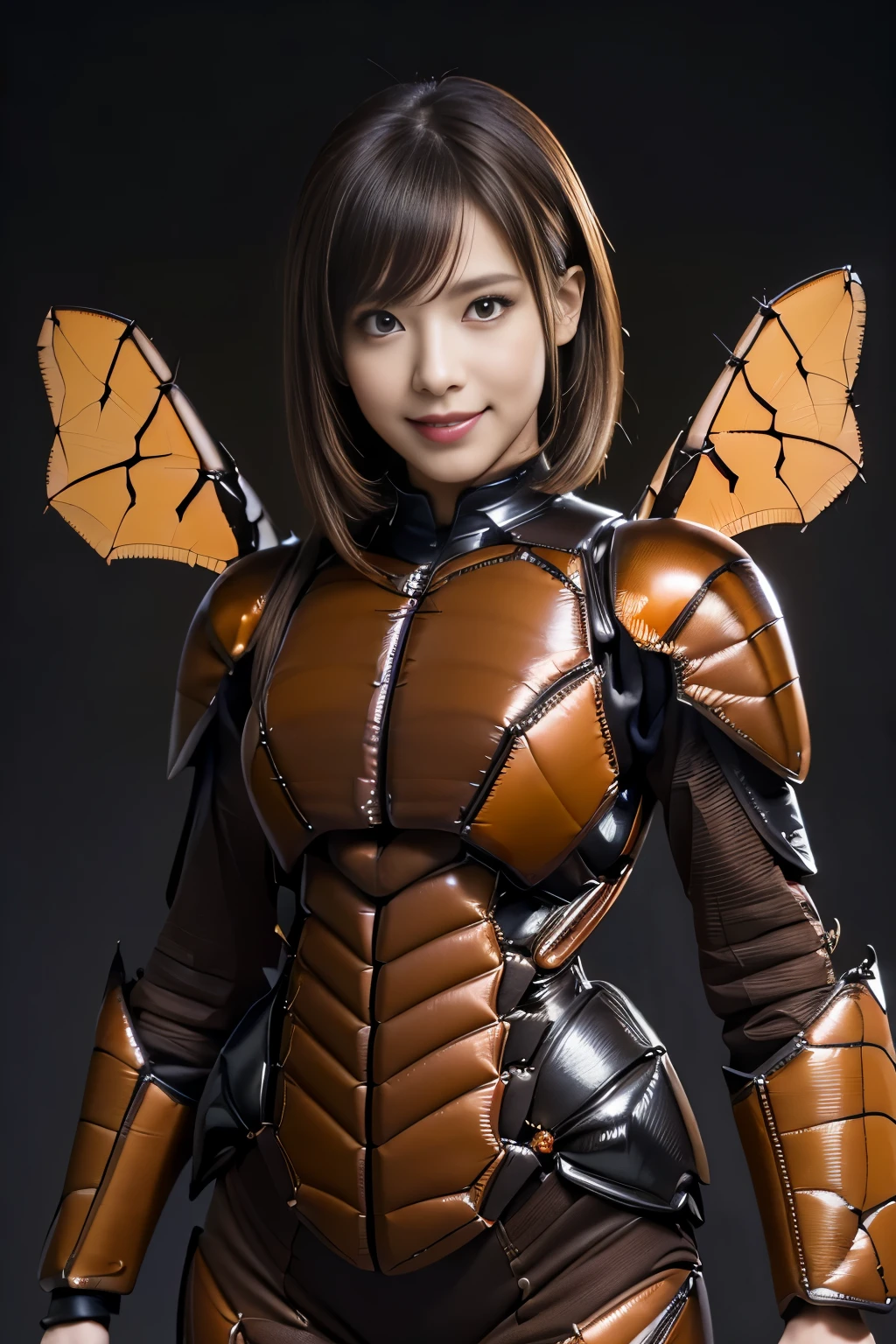 (high resolution,masterpiece,best quality,extremely detailed CG, anime, official art:1.4), realistic, photo, amazing fine details, all intricate, gloss and shiny,awesome many layers, 8k wall paper, 3d, sketch, kawaii, illustration,( solo:1.4), perfect female proportion,villainess, (fusion of dark brown cockroach and lady:1.4), (brown cockroach form lady:1.2), (brown cockroach lady:1.2), (fusion:1.2), (solo:1.4), (evil smile:1.2), muscular, abs, (cockroach brown exoskeleton bio insect suit:1.4), (cockroach brown exoskeleton bio insect armor:1.2), (brown transparency cockroach wing:1.4), (brown cockroach antennae:1.3),