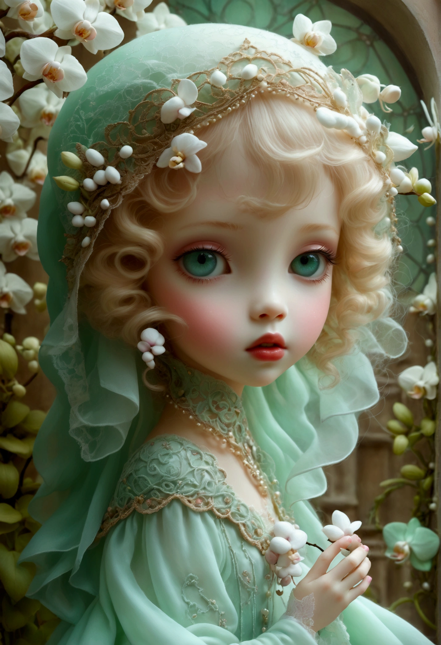 Darling,Soft,tender, tiny , marshmallow , veil , lace baby chibi cartoon pearlescent radiant skin,лимонные волосы из бисера glow и пушинок снежинок, nail, big unusual eyes , unusual lips ,  unusual clothes,  shoe , walks in the city of cute fantastic creatures ,sfumato, Elina Ellis style + Nicoletta Ceccoli , mint leaves , orchids,nail, softness,fluffy, doll in hand , background,  stardust ,glow.Art Nouveau,   mythical surrealism , fabulous minimalism ,