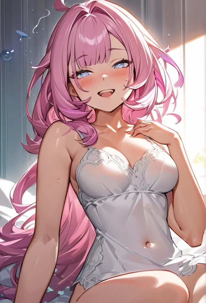 elysia, long pink hair, beautiful face,smiling,full body, moderate breast, sitting on bed, wearing beautiful white sleepwear,white socks, (open mouth:0.4),illustration,detailed textures(realists),ultra-detailed,portrait style,vivid colors,soft lighting, blushing, mature, pink bra