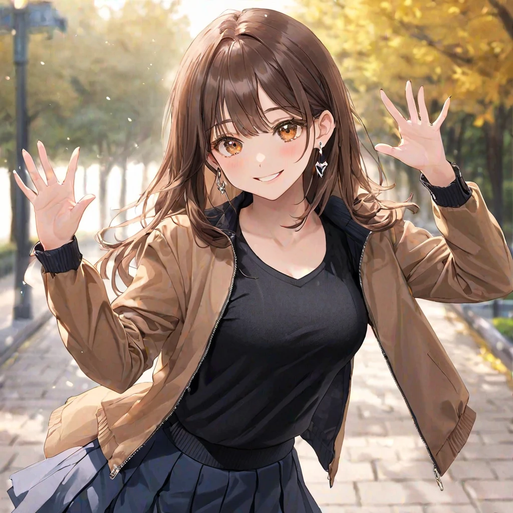  One Girl ,  , bangs, black  skirt, black   sweater  , Blue Claws, Blurred, Blurred background, Chest,  brown eyes, Brown Hair, brown  jacket, Shut up, day included, day, Deep written boundary,  earrings for women with first name,  eyelash ,  raise your hand,  tilting your head ,  jacket, gem,  long hair,  Long Sleeve ,  show viewer , medium Chest, Manicure, Open the clothes, open  jacket,  outdoor, 唇をすぼめる, Tuck in your shirt, side lock,  skirt,  sleeves are longer than wrists, Alone,   sweater  ,  upper body, zipper, smile, ((masterpiece)), 