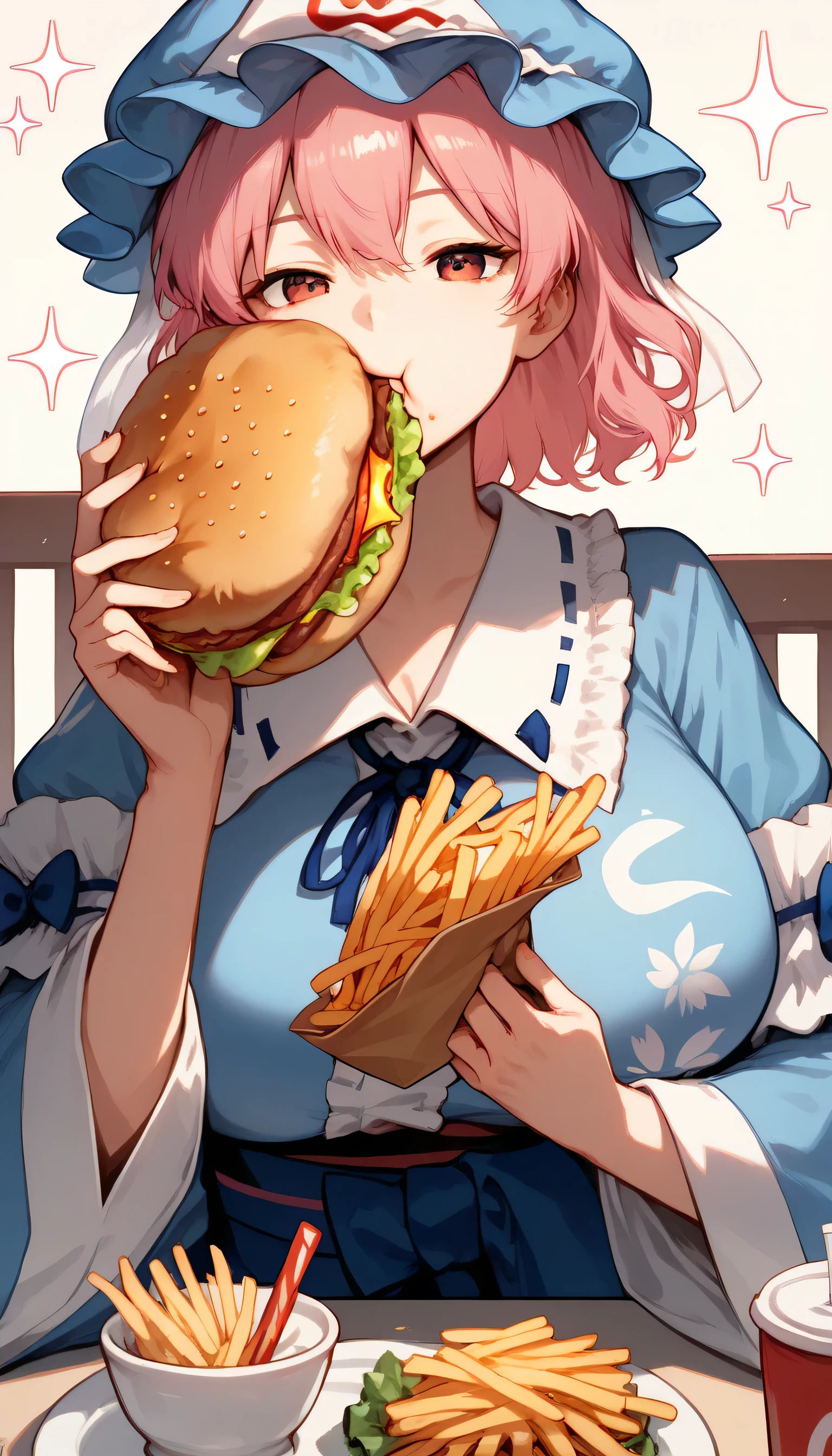 burger, 1girl, , food, , , solo, french_fries, , holding, eating, , cup, holding_food, shirt, sparkle, disposable_cup, white_shirt, long_sleeves, braid, sitting, , drinking_straw, tray, blue_ribbon, , bangs, brand_name_imitation, , upper_body, lettuce,Yuyuko
blue kimono, hat, japanese clothes, kimono, long sleeves, mob cap, triangular headpiece, wide sleeves, huge breast,Short hair, pink hair ,Eating a hamburger 