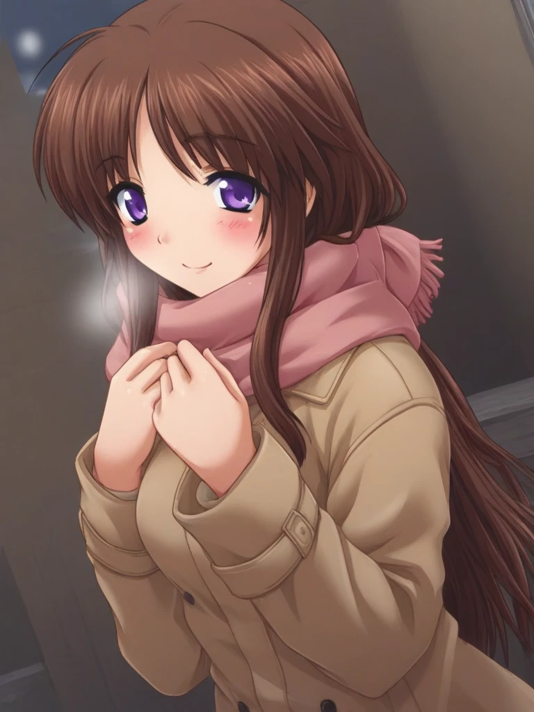 masterpiece, best quality, KurasawaSanae, 1girl, solo, long hair, brown hair, purple eyes, medium breasts, smile, happy, blush, Trench Coat and Scarf, Cute and warm clothes, cold winter night, cinematic angle,