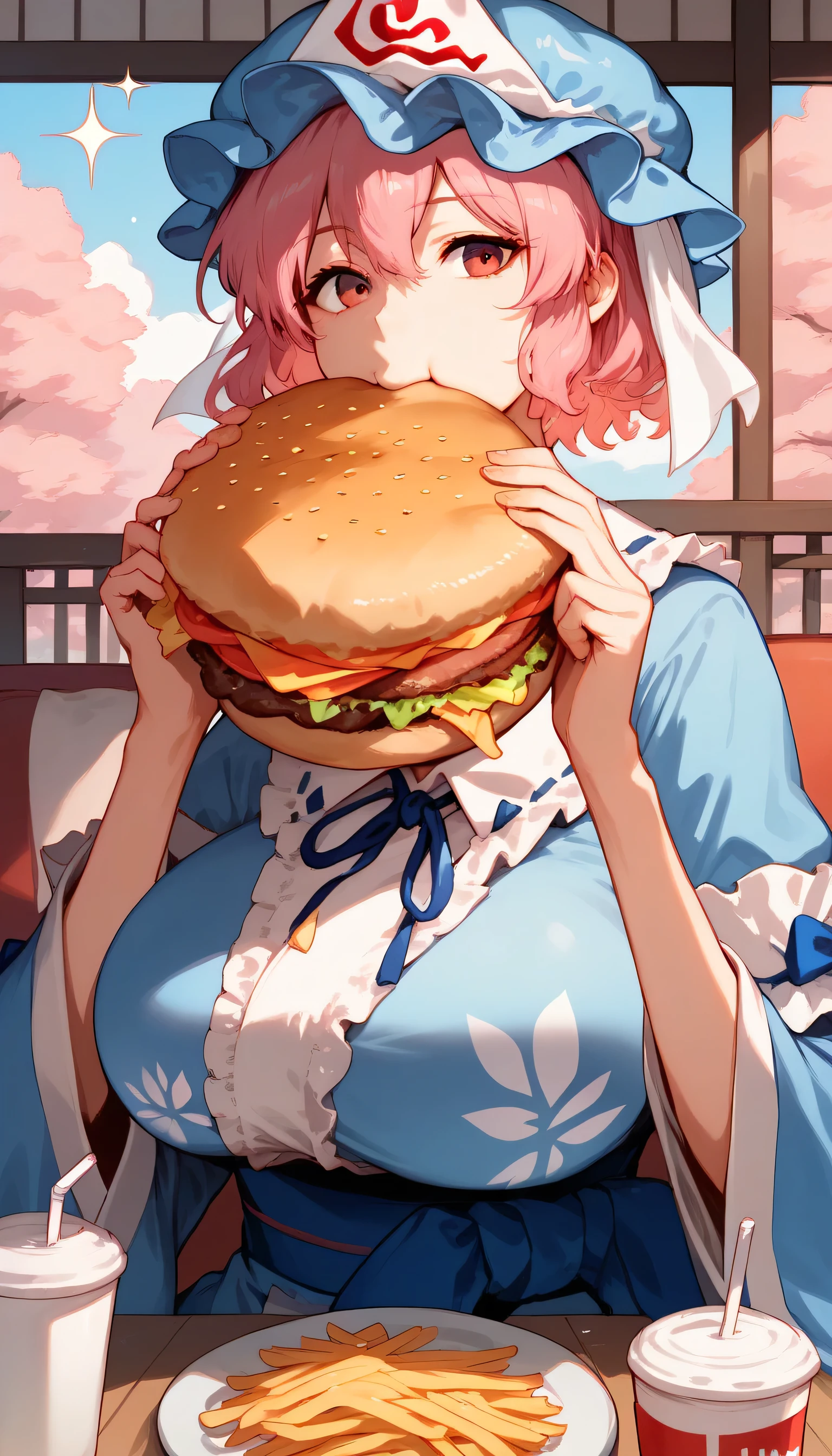 burger, 1girl, , food, , , solo, french_fries, , holding, eating, , cup, holding_food, shirt, sparkle, disposable_cup, white_shirt, long_sleeves, braid, sitting, , drinking_straw, tray, blue_ribbon, , bangs, brand_name_imitation, , upper_body, lettuce,Yuyuko
blue kimono, hat, japanese clothes, kimono, long sleeves, mob cap, triangular headpiece, wide sleeves, huge breast,Short hair, pink hair 