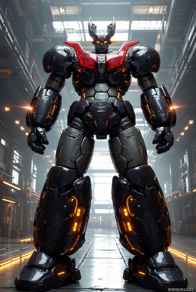   A very realistic smart version of Mazinger Z with the latest design and full body refinement, It stands at a massive height of 98 meters .  constructed with modern materials such as steel ,  Carbon Fiber ,  other industrial elements are also visible ,  just like the real thing , Rugged exterior .  and is set in a large indoor plant facility maintenance shop ,  the appearance of Mazinger Z standing around ,  illuminated by natural light 、Realistic shadows and accentuated massive structures using Gundam technology . The floor emits fine LED light 