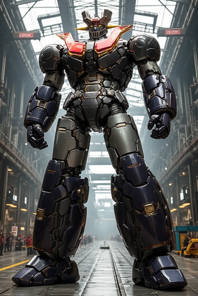   A very realistic smart version of Mazinger Z with the latest design and full body refinement, It stands at a massive height of 98 meters .  constructed with modern materials such as steel ,  Carbon Fiber ,  other industrial elements are also visible ,  just like the real thing , Rugged exterior .  and is set in a large indoor plant facility maintenance shop ,  the appearance of Mazinger Z standing around ,  illuminated by natural light 、Realistic shadows and accentuated massive structures using Gundam technology . The floor emits fine LED light 