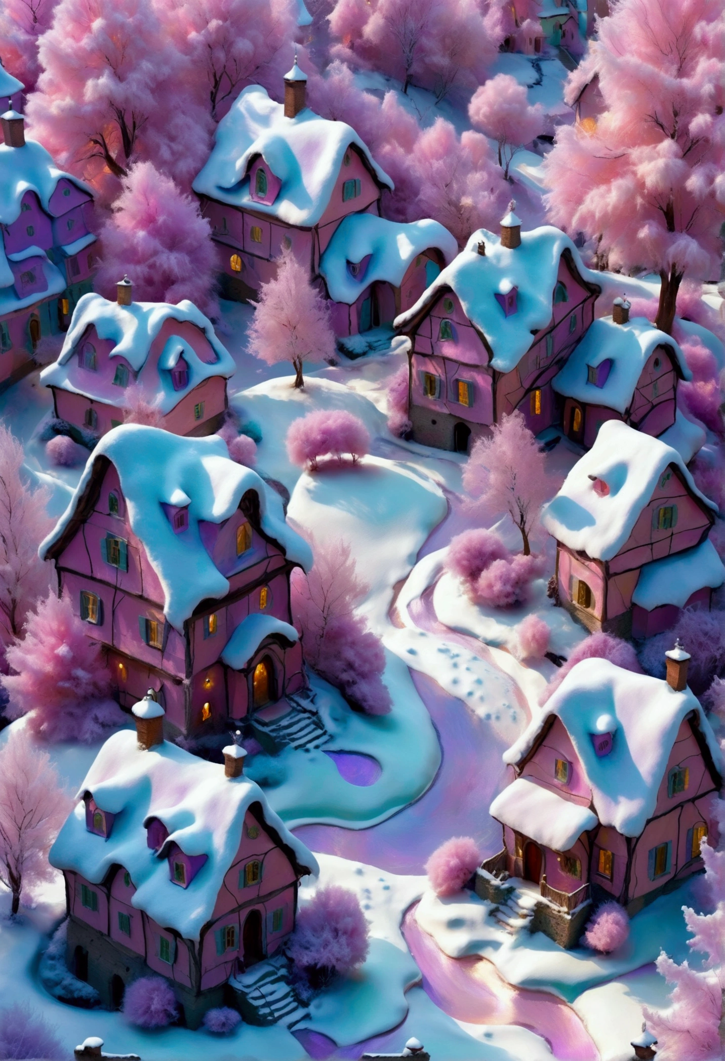  surrealism mysticism ...winter... snowdrifts ... Houses...trees...village... 3D fluffy mink fur roofs .... iridescent lilac mint pink... mother-of-pearl pearl ... 