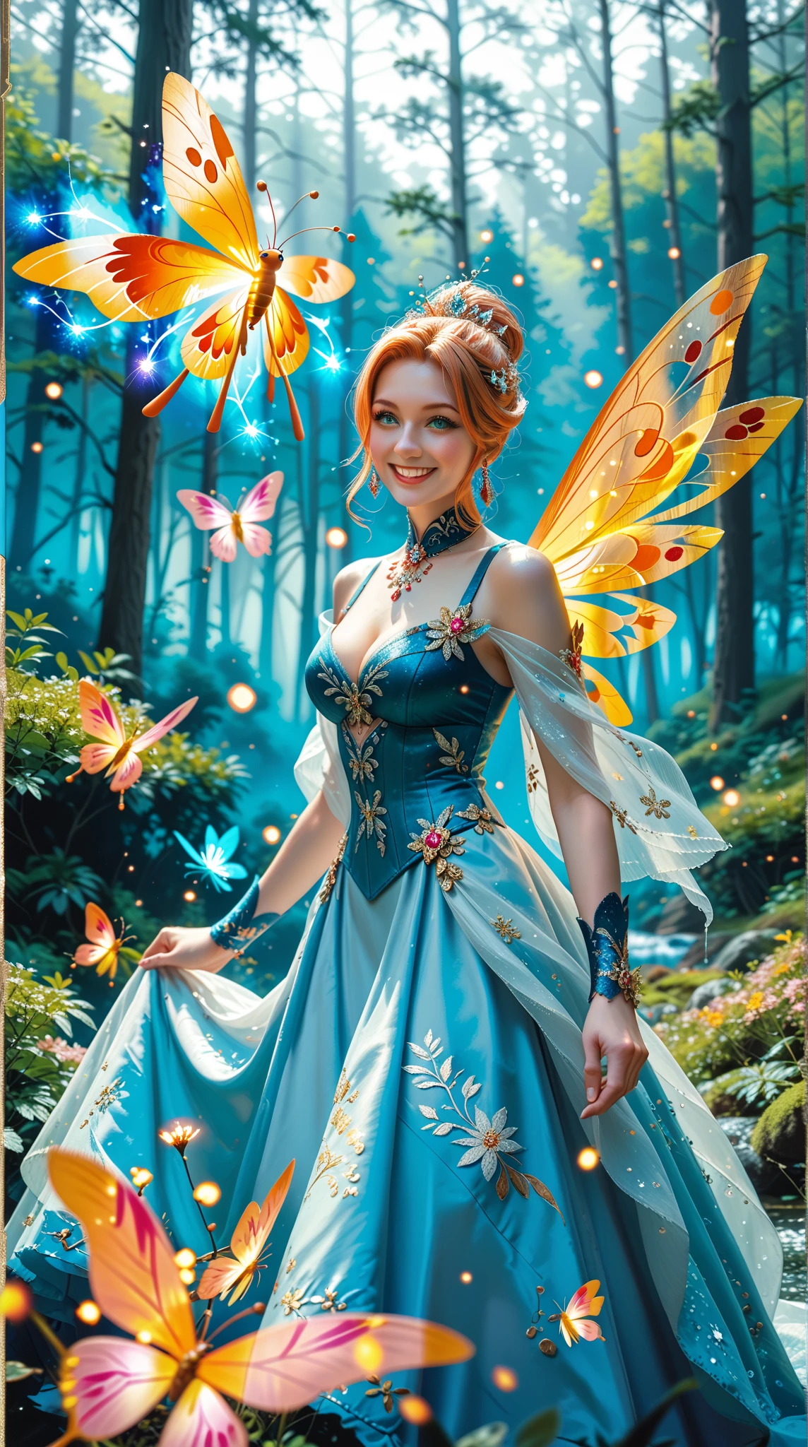 【1 Girl, ,,Smile,  HD Image,  a woman, her hair adorned with glowing fireflies, eyes shimmering with enchantment. Dressed in a gown made from woven moonlight,  She was standing in a mysterious forest，All the trees came alive . scene, bathed in the ethereal glow of the fireflies, captured in the style of a magical forest arTWork., (masterpiece,  top quality ,  Official Art , Complicated details :1.2)