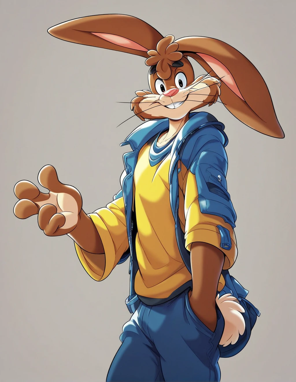 zPDXL3,quicky,4 fingers,brown fur,pants,yellow shirt,standing, 20 years old, furry, rabbit, male, handsome, slim,solo,looking_at_viewer,