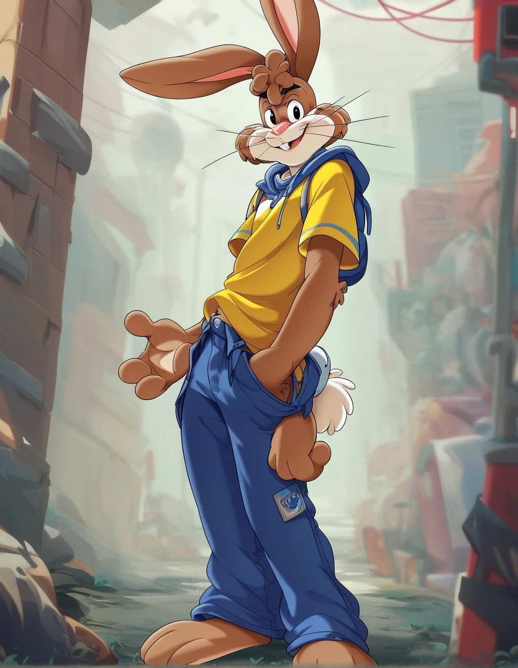 zPDXL3,quicky,4 fingers,brown fur,pants,yellow shirt,standing, 20 years old, furry, rabbit, male, handsome, slim,solo,looking_at_viewer,