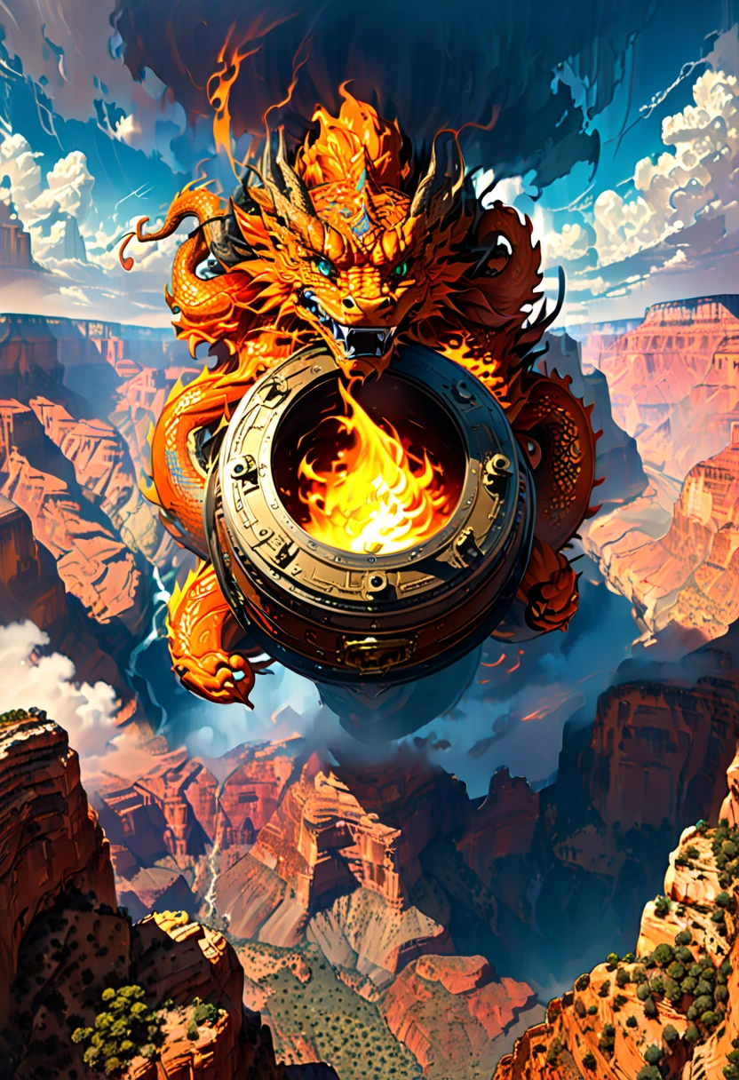 (The main subject: wide wide shot), The flame  orange, [Multicolored,(Chinese dragon anthropomorphism)], safe,dramatic clouds,(Go deep into the grand canyon), Rich details​, (Wide sky), (sense of vastness),Energy and vitality, Complicated details.(Best quality, A high resolution, tmasterpiece:1.2), (actual:1.37), HighDynamicRange。