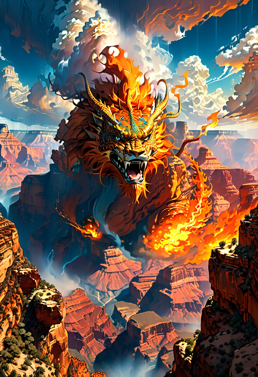 (The main subject: wide wide shot), The flame  orange, [Multicolored,(Chinese dragon anthropomorphism)], safe,dramatic clouds,(Go deep into the grand canyon), Rich details​, (Wide sky), (sense of vastness),Energy and vitality, Complicated details.(Best quality, A high resolution, tmasterpiece:1.2), (actual:1.37), HighDynamicRange。