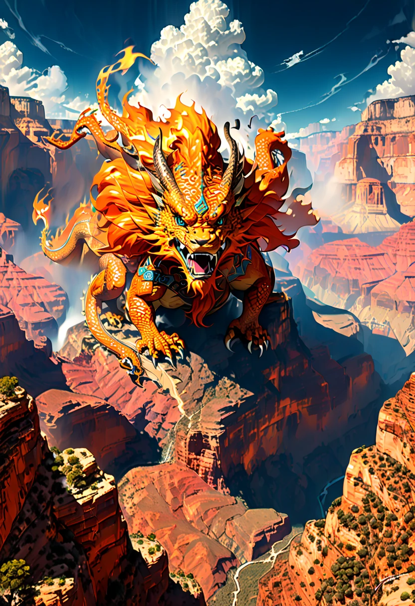 (The main subject: wide wide shot), The flame  orange, [Multicolored,(Chinese dragon anthropomorphism)], safe,dramatic clouds,(Go deep into the grand canyon), Rich details​, (Wide sky), (sense of vastness),Energy and vitality, Complicated details.(Best quality, A high resolution, tmasterpiece:1.2), (actual:1.37), HighDynamicRange。