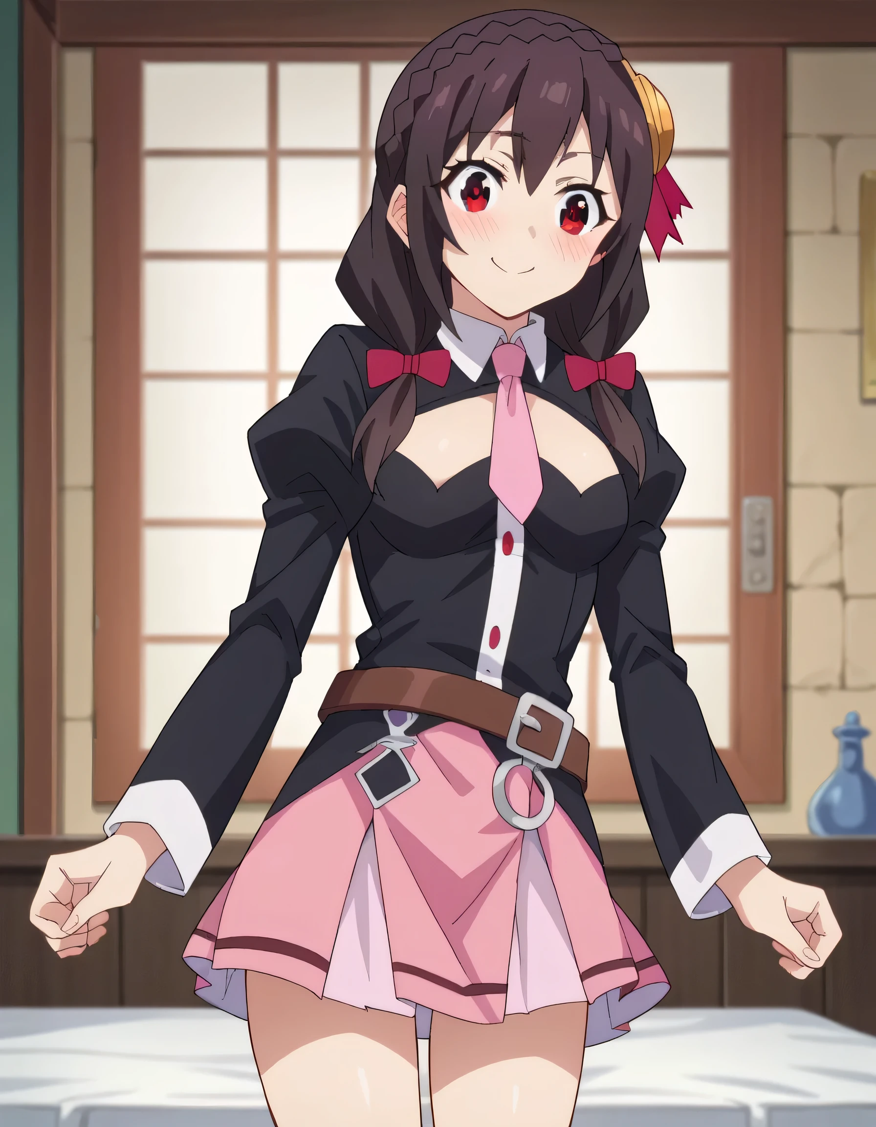 score_9, score_8_ up, score_7_ up,
Yunyun、 black hair, hair accessories, red eyes, bow, braided , crown braided ,
skirt, thighs, Long Sleeve , ties, belt, Outfit Cutout, CLEVAGE CUT-OUT, pink skirt, pink ties,
indoor, bed, bed room, Aside,blush ,smile ,
viewers, Dutch angle, cowboy shot, lean forward