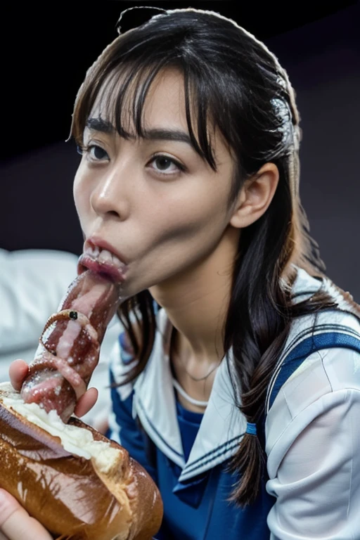 masterpiece, best quality, intricate details, extremely detailed, cinematic lighting, solo, 1girl, a **** Japanese schoolgirl, White skin, (oral, blowjob, deepthroat, french bread in hand, shovel a big sausage into mouth, fully open mouth:1.4), (large breasts, ), dark hair, twintail hair, cute face, extremely detailed face, beautiful detailed eyes, sophisticated nose, pale skin, fine-textured skin, sweaty, shiny skin, photo background, at bed, school uniform, school uniform, japan, jav, deep throat, 