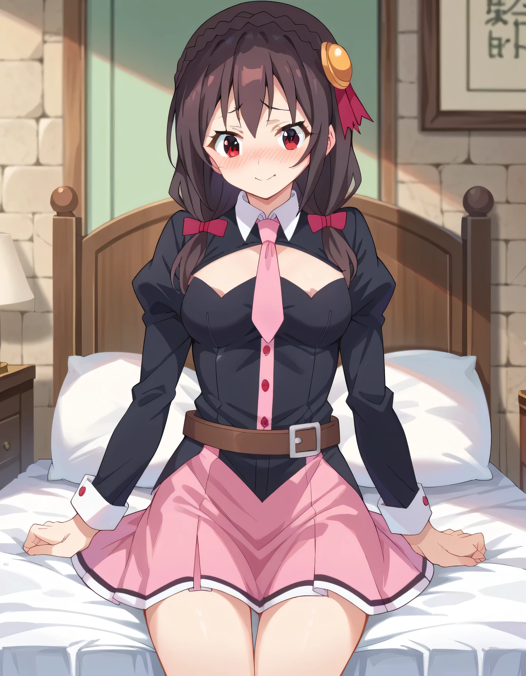 score_9, score_8_ up, score_7_ up,
Yunyun、 black hair, hair accessories, red eyes, bow, braided , crown braided ,
skirt, thighs, Long Sleeve , ties, belt, Outfit Cutout, CLEVAGE CUT-OUT, pink skirt, pink ties,
indoor, bed, bed room, embarrassed smile 、blush, viewers, cowboy shot, is a woman who seems to be strong 、