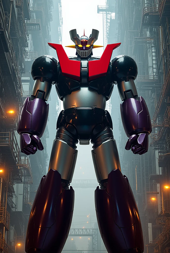  A very realistic giant version of the great hero Great Mazinger Z , Standing in a forward position at a height of 100 meters .  reactor equipment production line constructed with modern materials such as steel ,  Carbon Fiber ,  other industrial elements are also visible ,  just like the real thing ,  where high voltage current flows and emits light have been carefully recreated.  set in a modern industrial environment ,  the appearance of Mazinger Z standing around ,  illuminated by natural light 、 huge structures highlighted with realistic shadows . LED light lighting 