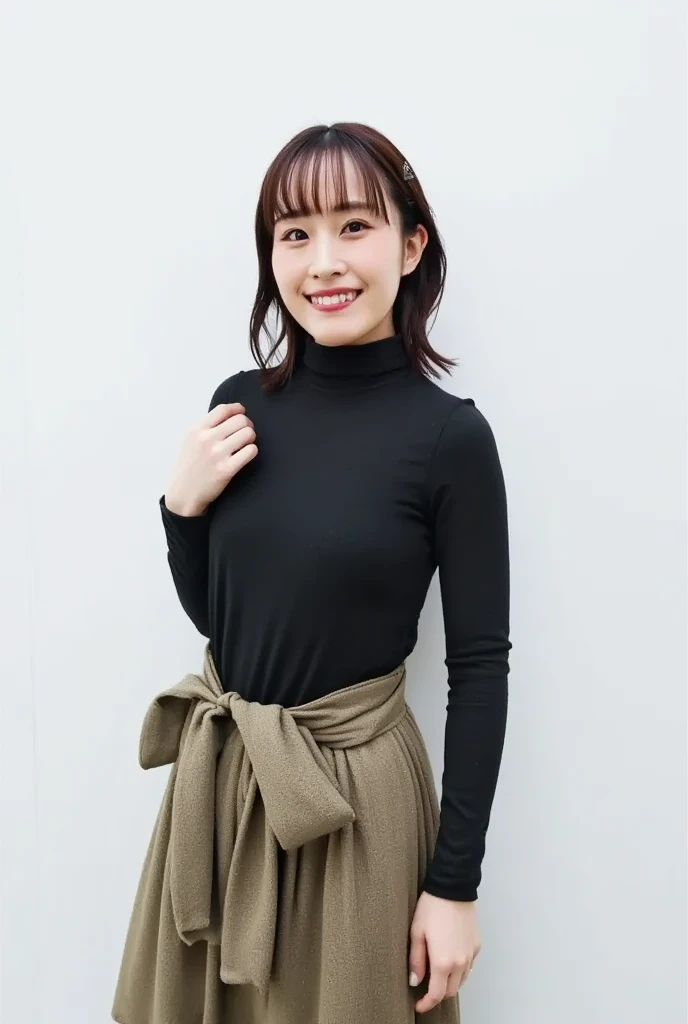 highest quality, masterpiece, ultra high resolution, (realistic:1.4), (portrait facing each other) Raw photo, 1 girl, 20-year-old,((miniskirt uniform)),((Short hair and bandana)),((looking up at the viewer)),realistic,((Simple solid color background)), picture media chest)),((toothy smile)),