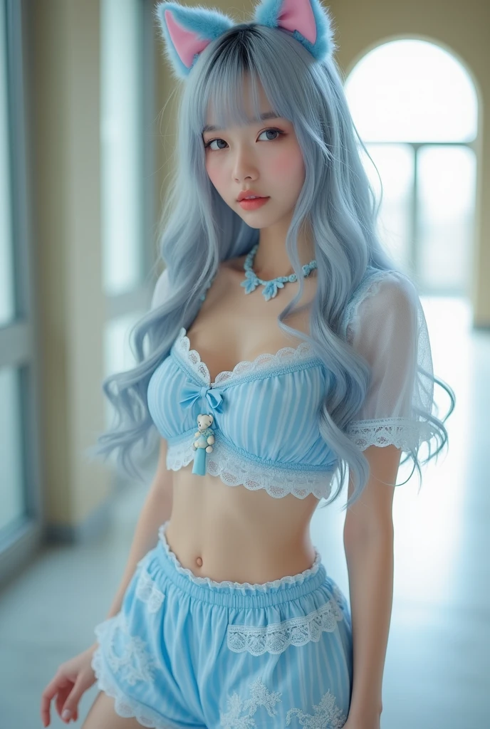 Highest quality、Highest quality、16k quality、Highly detailed figure、Highly detailed face、Highly detailed eyes、Highly detailed nose、Highly detailed facial expressions、Highly detailed costume、Highly detailed hourglass shape、Highly detailed feet、Highly detailed thighs、Being in reality、16-year-old girl、Light blue hair、Twin tails、Noel Silva、main character、、He wears a long white chemist's lab coat, unbuttoned、You can see the shape of the chest、E Cup、Wearing a brown belt、Purple inner lining is visible、Folds、Purple Very Short Skirt、A long white skirt on top、Only the front is cut、White tights、Close to the skin、Tight、Full body photo、Are standing、Emphasizes the beauty of thigh muscles、Full body photo、Front view、