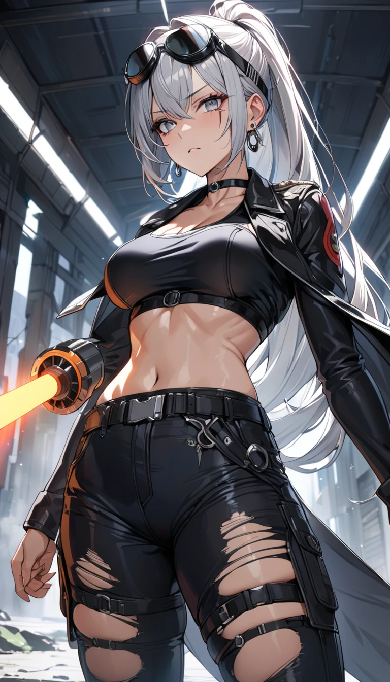 Masterpiece, Best quality, 1girll, Solo Woman, Cinematic light, Battle effect background, Long white hair, Yellow eyes, Big breasts, Black shorts, White cropping, Black jacket, warrior girl, intricate outfits, Hair ornaments, Glowing eyes, Smile, Blood dripped from the mouth, Long socks, navel, septum, Energy particles, Fighting stance, Sweat, Night, Glowing eyes, Dark skin, black glove