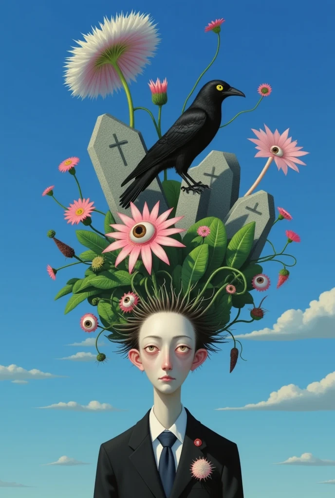 super absurd realist illustration：Strange objects and tombstones on the head of a faceless man standing under the blue sky+ Cross 。(((Plants with eyes)))。Pocket Watch。A crow。 inspired by Medusa，The Third Eye。 magical realism bizarre art, Doll Plant