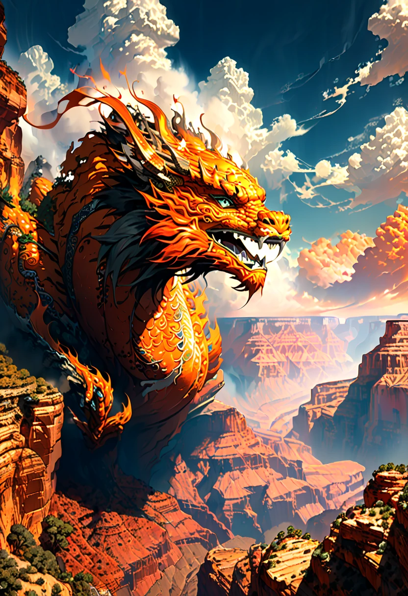 (The main subject: wide wide shot), The flame  orange, [Multicolored,(Chinese dragon anthropomorphism)], safe,dramatic clouds,(Go deep into the grand canyon), Rich details​, (Wide sky), (sense of vastness),Energy and vitality, Complicated details.(Best quality, A high resolution, tmasterpiece:1.2), (actual:1.37), HighDynamicRange。