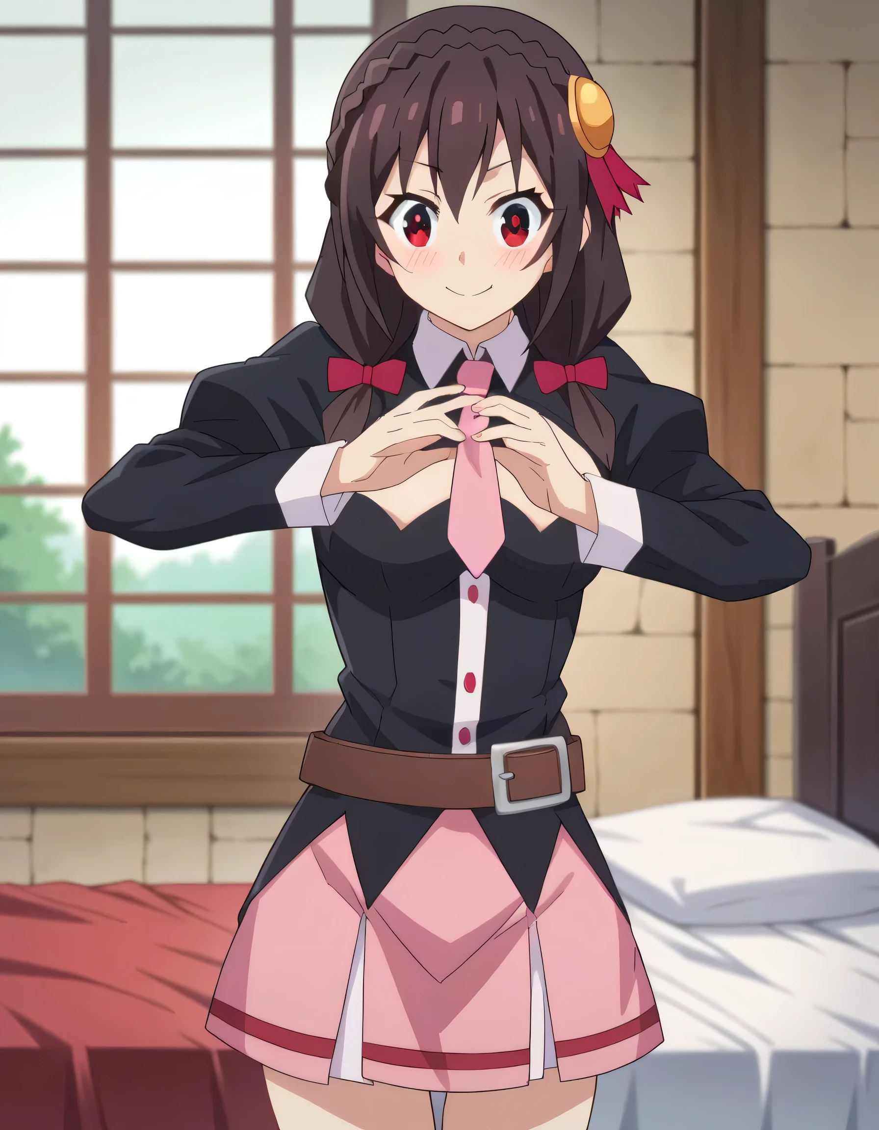 score_9, score_8_ up, score_7_ up,
Yunyun、 black hair, hair accessories, red eyes, bow, braided , crown braided ,
skirt, thighs, Long Sleeve , ties, belt, Outfit Cutout, CLEVAGE CUT-OUT, pink skirt, pink ties,
indoor, bed, bed room,blush ,smile ,
viewers, cowboy shot, cool pose