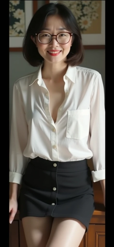 ((Best quality, 8k, Masterpiece :1.3)), Sharp focus :1.2, A pretty woman with perfect figure :1.4, Slender abs :1.2, ((red bob hair, small breasts :1.2)), (high heels,White button up office long shirt :1.1), cinema view:1.2, Highly detailed face and skin texture, Detailed eyes, Double eyelid