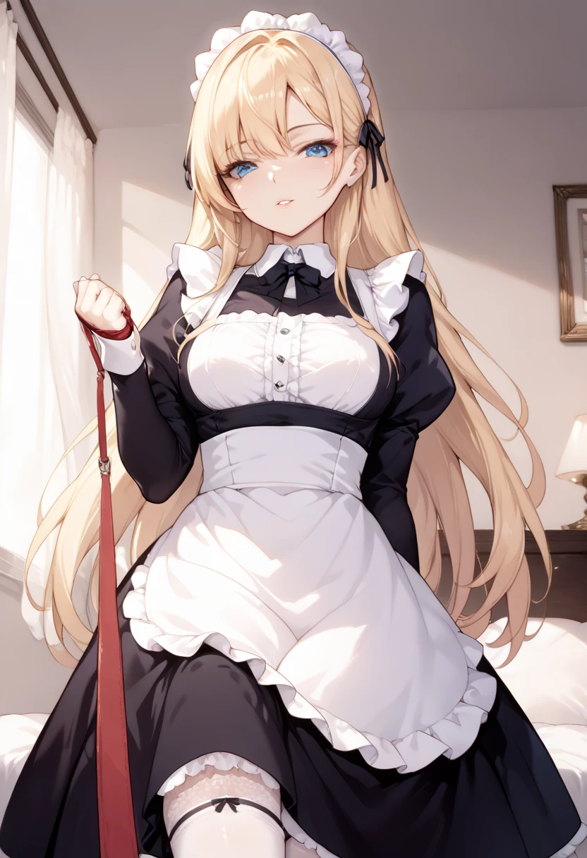    beautiful long blonde 　maid, maid apron, maid headdress, puffy sleeves　 viewer_on_leash, viewer on leash　  lower angle 　  Long Skirt 　 sit on the bed　 open your crotch　 facing the front　full shot