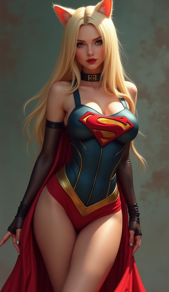 1 girl, (((17 years))), (((Perfect body))), masterpiece, best quality, 8K, Extremely detailed skin texture, Extremely detailed fabric texture, Beautiful and delicate face, (((Extremely beautiful))), Intricate details, Extremely detailed, ((Black Widow in Superman style)), (((Curly Blonde))), Extremely beautiful blonde, (((Extremely detailed long hair))), big red hairtie, Ponytail, Dynamic poses, ((Clothes that show thighs)), (Extremely detailed legs), ((shorts)), ((skirt)), (((Wide hips))), (Extremely detailed thick thighs), Sexy, Seductive pose, (((Extreme hourglass figure))), Extremely detailed deep red lipstick, Extremely detailed lips, Extremely detailed blue eyes, Beautiful appearance, (Slanted eyes), Extremely detailed provocative mouth, Extremely beautiful seductive lips, blush, Professional Makeup, Eyeshadow.
