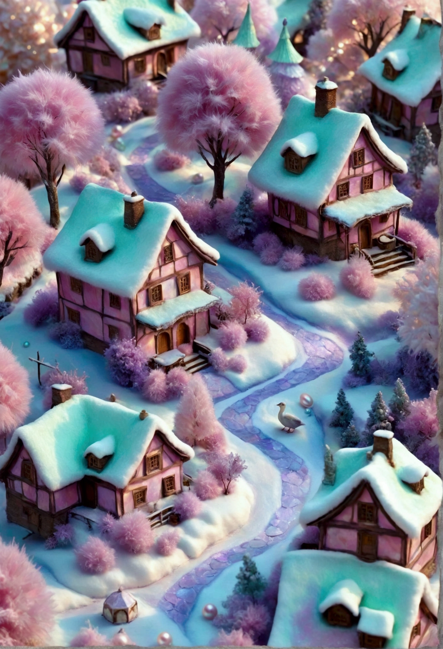  surrealism mysticism ...winter... snowdrifts ... Houses...trees...village... 3D fluffy mink fur roofs .... iridescent lilac mint pink... mother-of-pearl pearl ... 