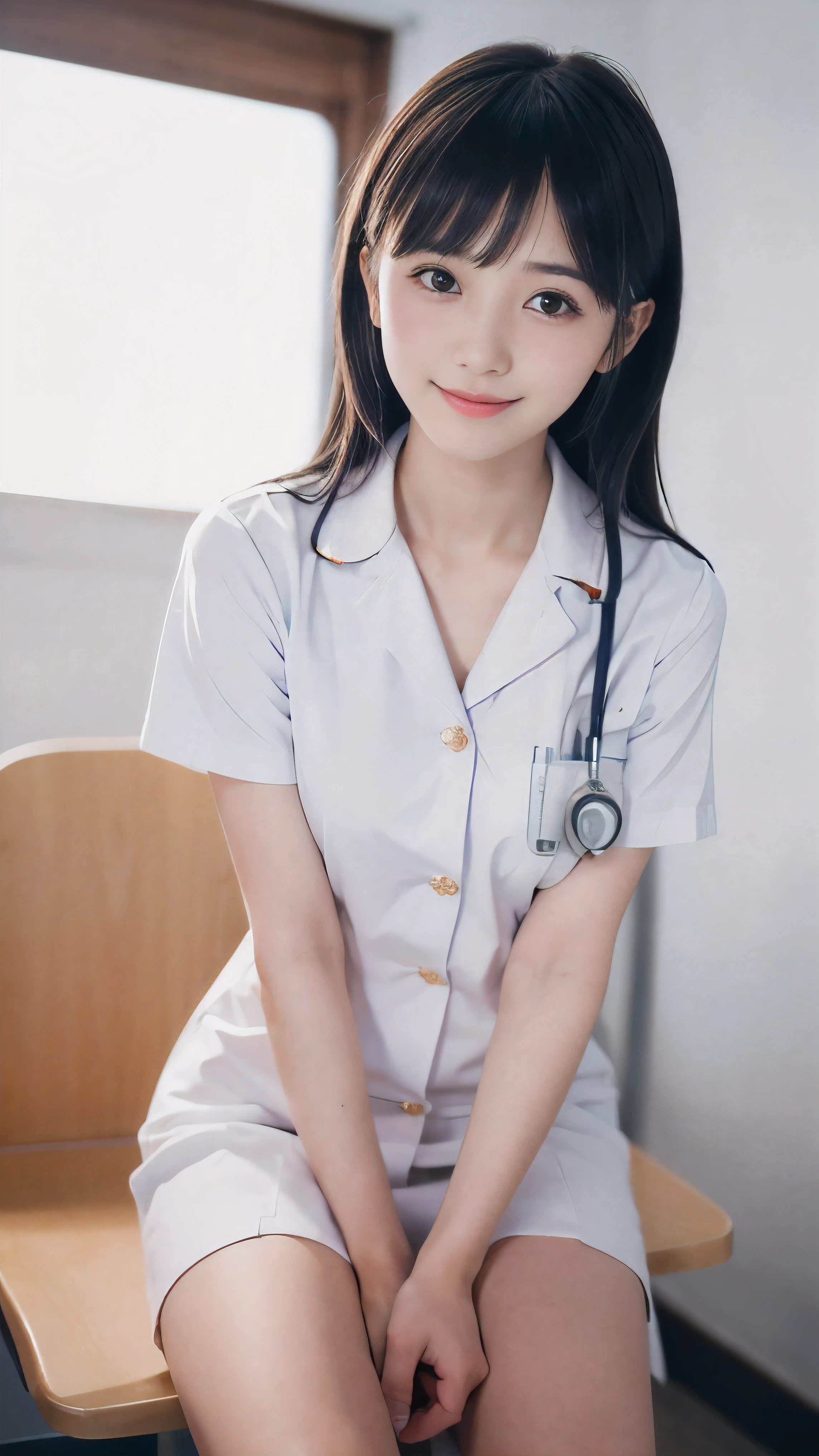 masutepiece、Full body posture、hight resolution、Nurse、a miniskirt、White stockings、28-year-old girl、Looking at the camera、Finish as shown in the photo、the skin is white and beautiful、brunette hair tied back、A smile、The background is a hospital room、sit on a bed、open one's legs