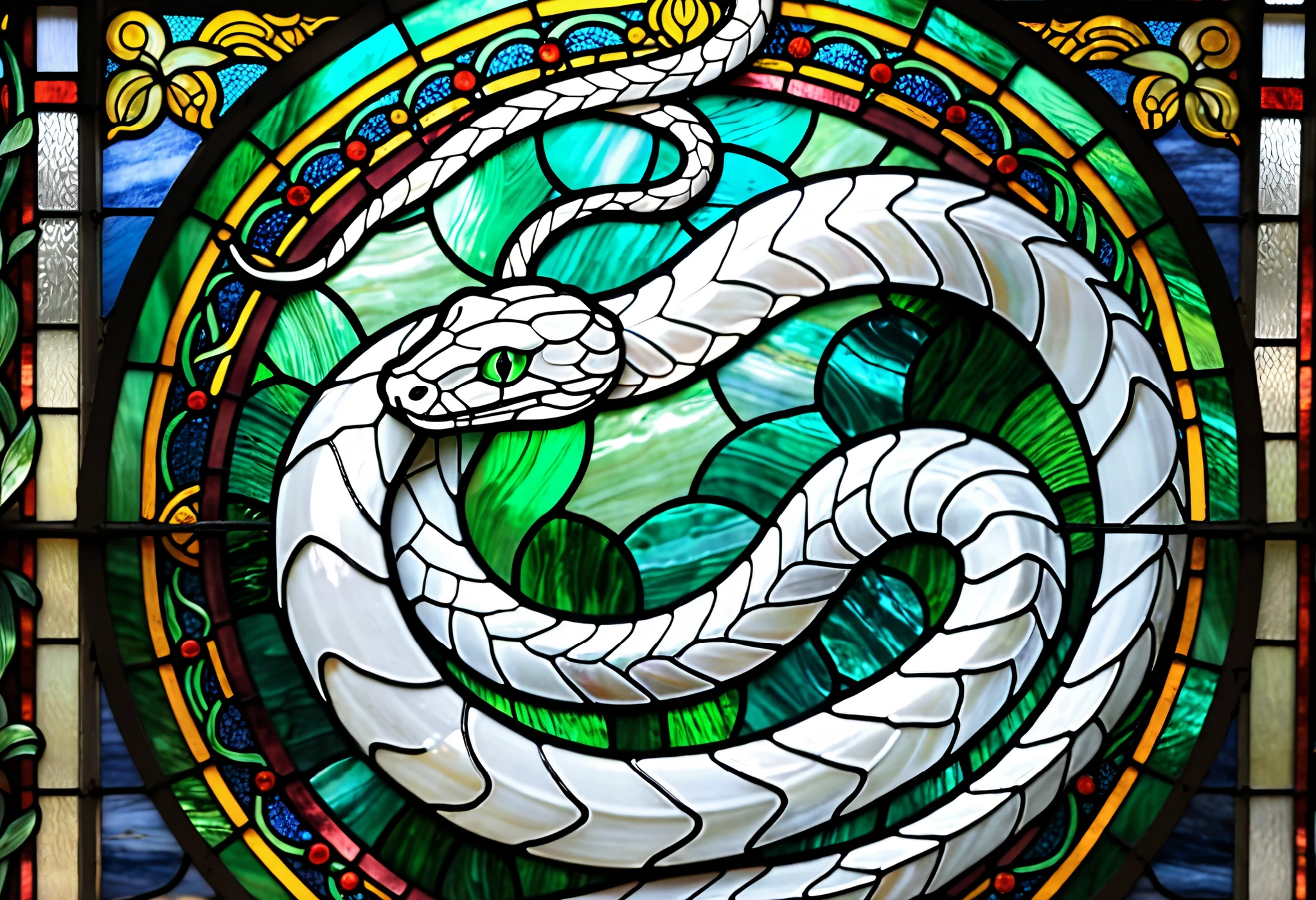 a close up of a stained glass window with a white snake on it, stained glass style, stained glass art, stained glass!!, stained glass, white snake themed, stained glass, psychedelic white snake, inspired by Pascal Blanchet, white snake, green stained glass, stained glass tarot style, white snake perspective, stained glass window, 非常に詳細なwhite snake, white snakegy, glowing stained glass backdrop