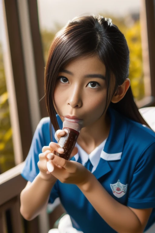 masterpiece, best quality, intricate details, extremely detailed, cinematic lighting, solo, 1girl, a **** Japanese schoolgirl, White skin, (oral, blowjob, deepthroat, french bread in hand, shovel a big sausage into mouth, fully open mouth:1.4), (large breasts, ), dark hair, twintail hair, cute face, extremely detailed face, beautiful detailed eyes, sophisticated nose, pale skin, fine-textured skin, sweaty, shiny skin, photo background, at bed, school uniform, school uniform, japan, jav, deep throat, 