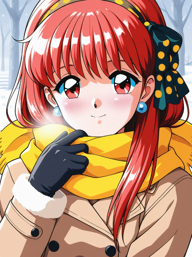 masterpiece, best quality,FujisakiShiori, 1girl, solo, long hair, red hair, red eyes, breasts, smile, happy, blush, black polka dots yellow hairband with hair bow, trench coat with fur and Scarf, black gloves, earrings, Cute and warm clothes, cold winter night, retro artstyle, cinematic angle,
