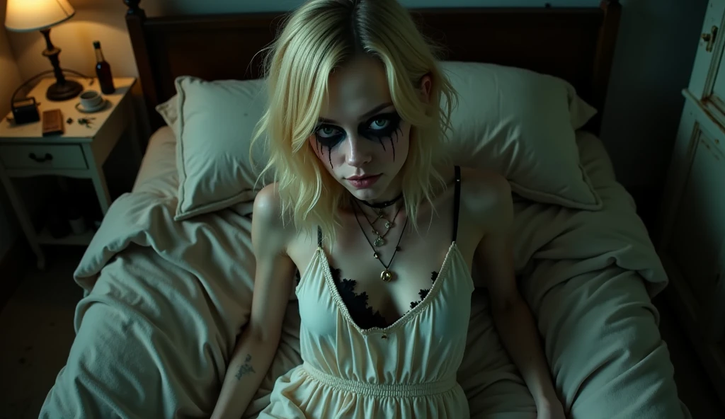 Realistic, photography of a frail, drug-addicted young blonde woman, resembling Emma Stone, with a large interpupillary distance. She lies asleep in a small, cluttered bedroom with dim lighting, her disheveled appearance and smokey eyes softened by sleep. The bed is unkempt, with mismatched sheets and a thin blanket partially covering her gothic-style white trash clothing. Around the room, scattered items like empty bottles, crumpled papers, and a dimly glowing lamp create an atmosphere of neglect and despair, emphasizing her troubled state