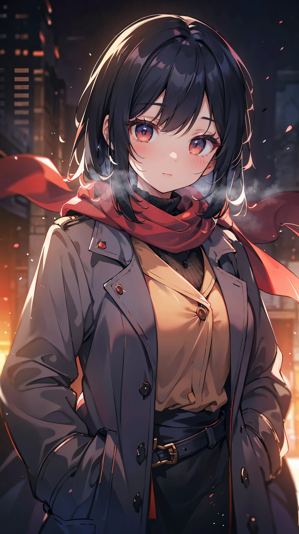 Minimal Illustration,Sumi-e,The Art of Impressionism,a woman in a trenchcoat, red scarf, soft Sumi-e, gentle atmosphere, detailed face, beautiful eyes, long eyelashes, detailed clothing, realistic, photorealistic, masterpiece, 8k, hyperdetailed, cinematic lighting, vibrant colors, warm color palette