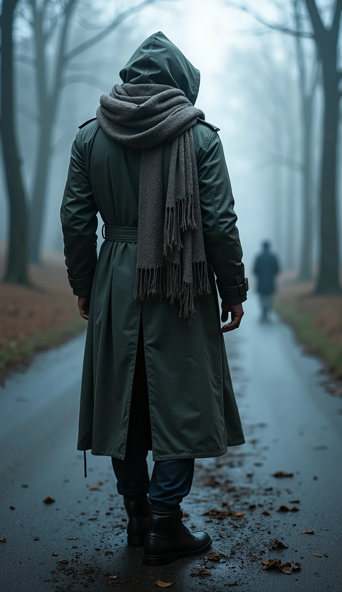 A completely invisible man with his back turned 、 wears an unhooded trench coat,  A beautiful scarf accentuates its presence ,  create a back that tells the story of a journey full of sorrow , The support of friends without substance 、 will ensure the warmth of the trench coat 