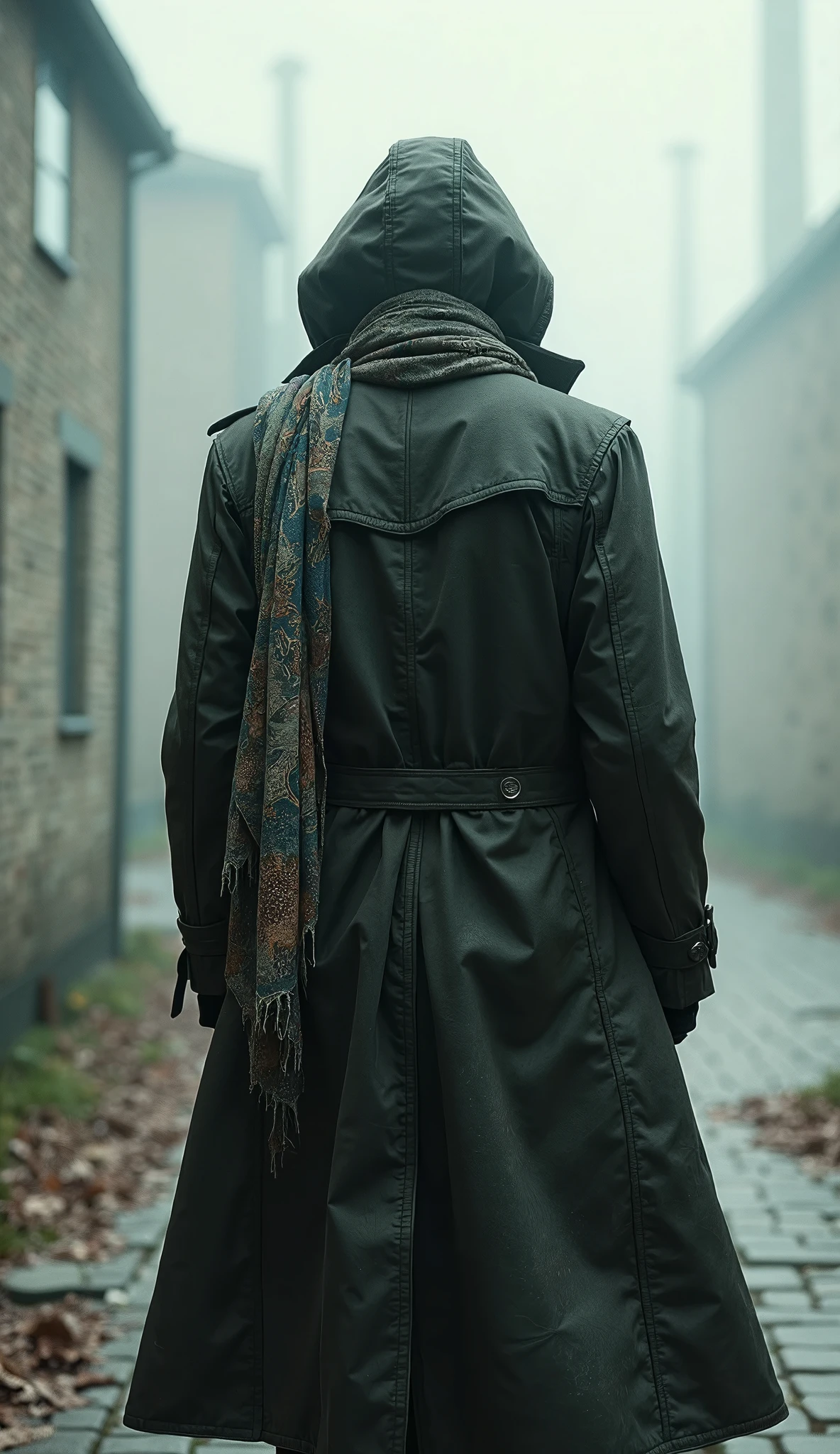  A completely invisible man with his back turned is wearing a trench coat,  A beautiful scarf accentuates its presence ,  create a back that tells the story of a journey full of sorrow , The support of friends without substance 、 will ensure the warmth of the trench coat 