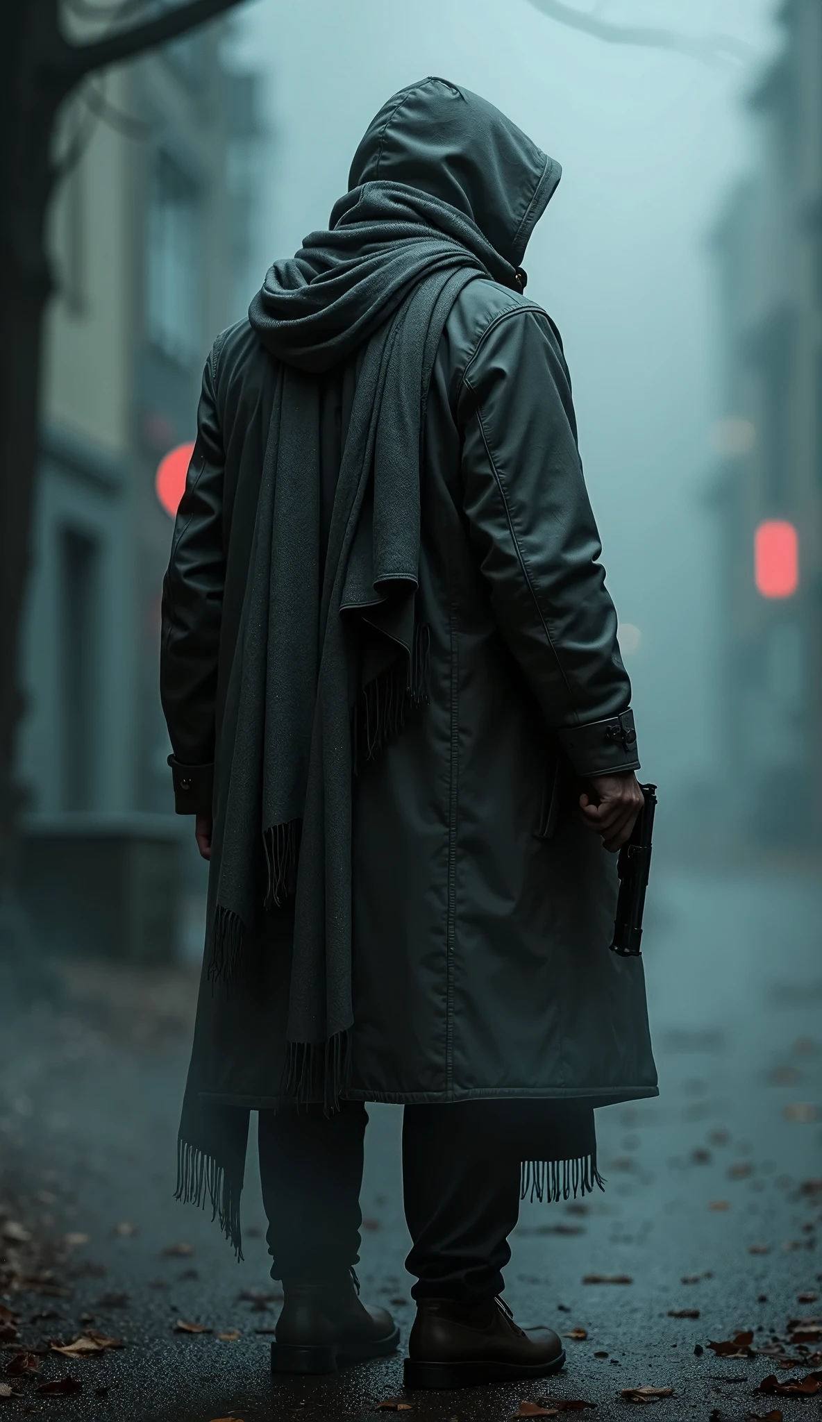 A completely invisible man with his back turned 、 wears an unhooded trench coat,  A beautiful scarf accentuates its presence ,  create a back that tells the story of a journey full of sorrow , The support of friends without substance 、 will ensure the warmth of the trench coat 