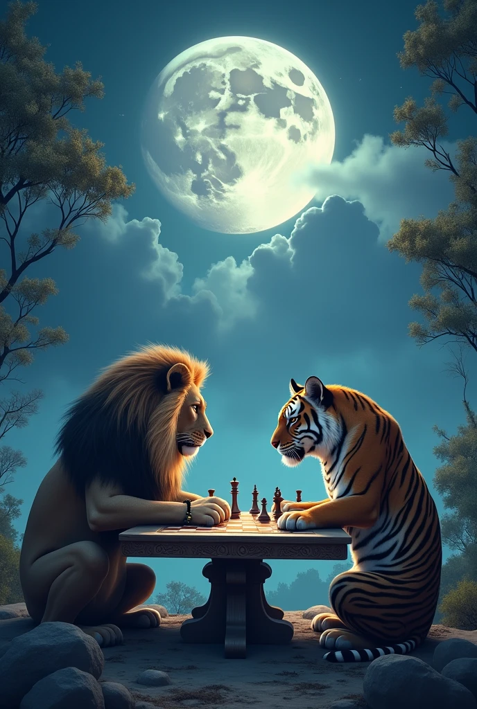 Lion playing a game of chess against a tiger, movie light, 16k