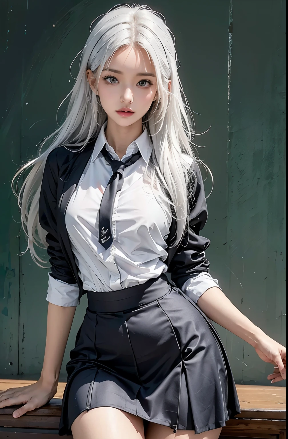 photorealistic, high resolution, 1women, solo, hips up, look at viewer, (detailed face), white hair, long hair, school uniform, skirt