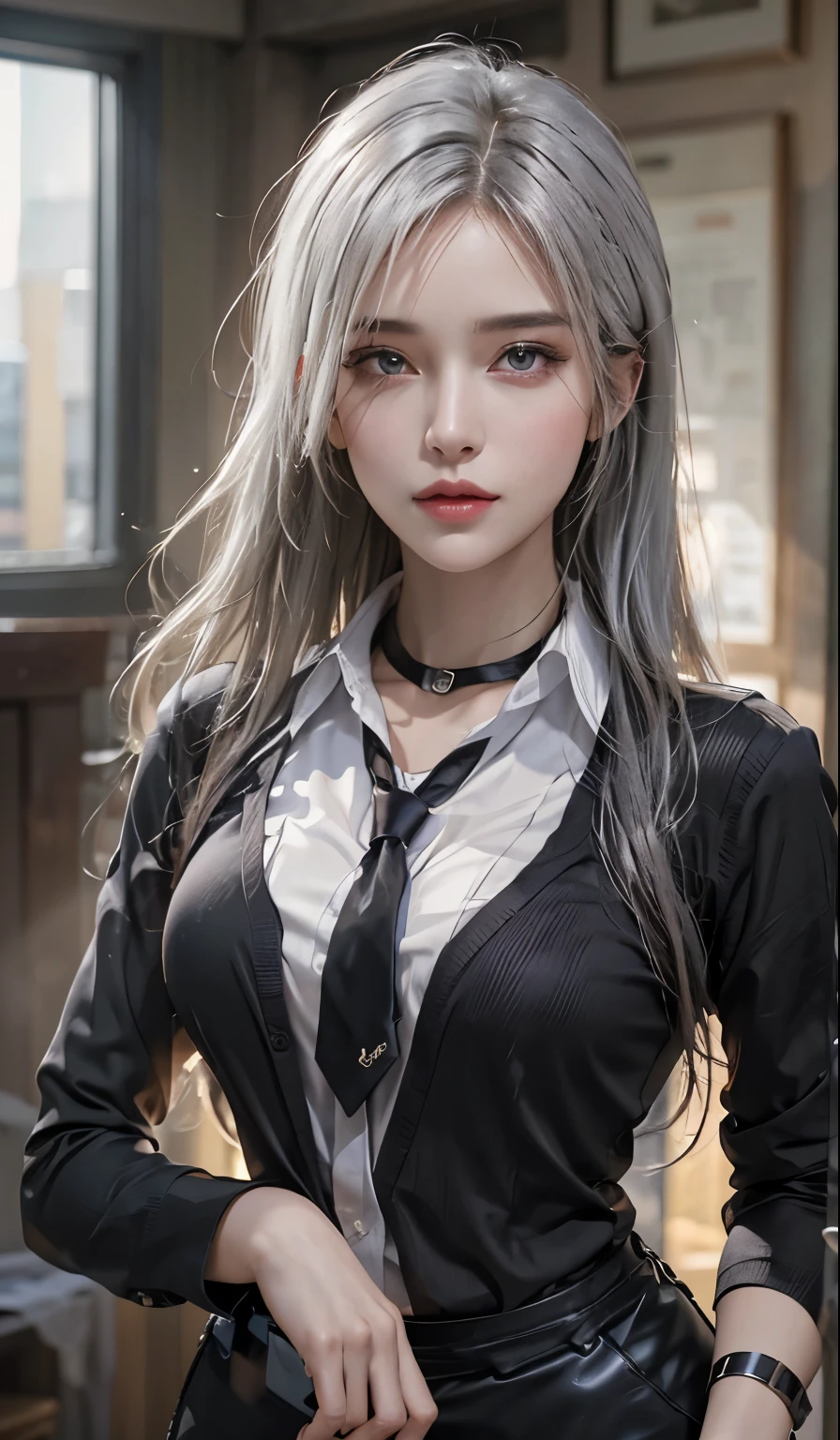 Photorealistic, high resolution, 1 Women, Solo, Hips up, view the viewer, (Detailed face), Beautiful eyes, Detailed face, White hair, Long hair, Collared shirt, black necktie，Black skirt, pencil skirts, Black stockings