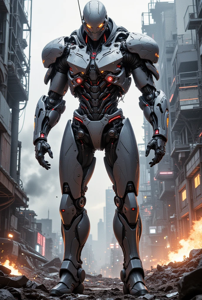 (Create a 15-foot cyborg warrior standing in the ruins of a futuristic industrial battlefield, exuding power and advanced technology.)

Head:
A sleek helmet-like structure with a semi-transparent visor reveals glowing, shifting eyes (red, orange, yellow) that intensify with activity. Delicate antennae and sensory nodes protrude, highlighting its heightened awareness.

Torso:
Reflective alloy plates cover the chest, with glowing seams and holographic panels displaying system diagnostics and combat data. Beneath the armor, exposed hydraulics, glowing power cores, and energy conduits hum with life.

Arms:
Massive arms with articulated mechanical fingers feature retractable energy blades and built-in lasers. Exposed joints showcase glowing cables and intricate mechanics, blending precision and brute force.

Legs:
Reinforced, hydraulic-powered legs provide agility and strength, supported by magnetic stabilizers in the feet for balance. Shock-absorption mechanisms highlight its ability to leap great distances. Neon lines flow through segmented armor, accentuating its biomechanical sophistication.

Environment:
The backdrop is a devastated industrial landscape—crumbling skyscrapers, fractured machinery, and swirling smoke. Flickering sparks illuminate twisted debris, and the faint hum of malfunctioning grids creates an eerie atmosphere.

Details:
The cyborg, scarred with battle marks, emits a faint energy shield. Its glowing seams and pulsing cores stand out amidst shattered constructs, narrating a tale of destruction and resilience.