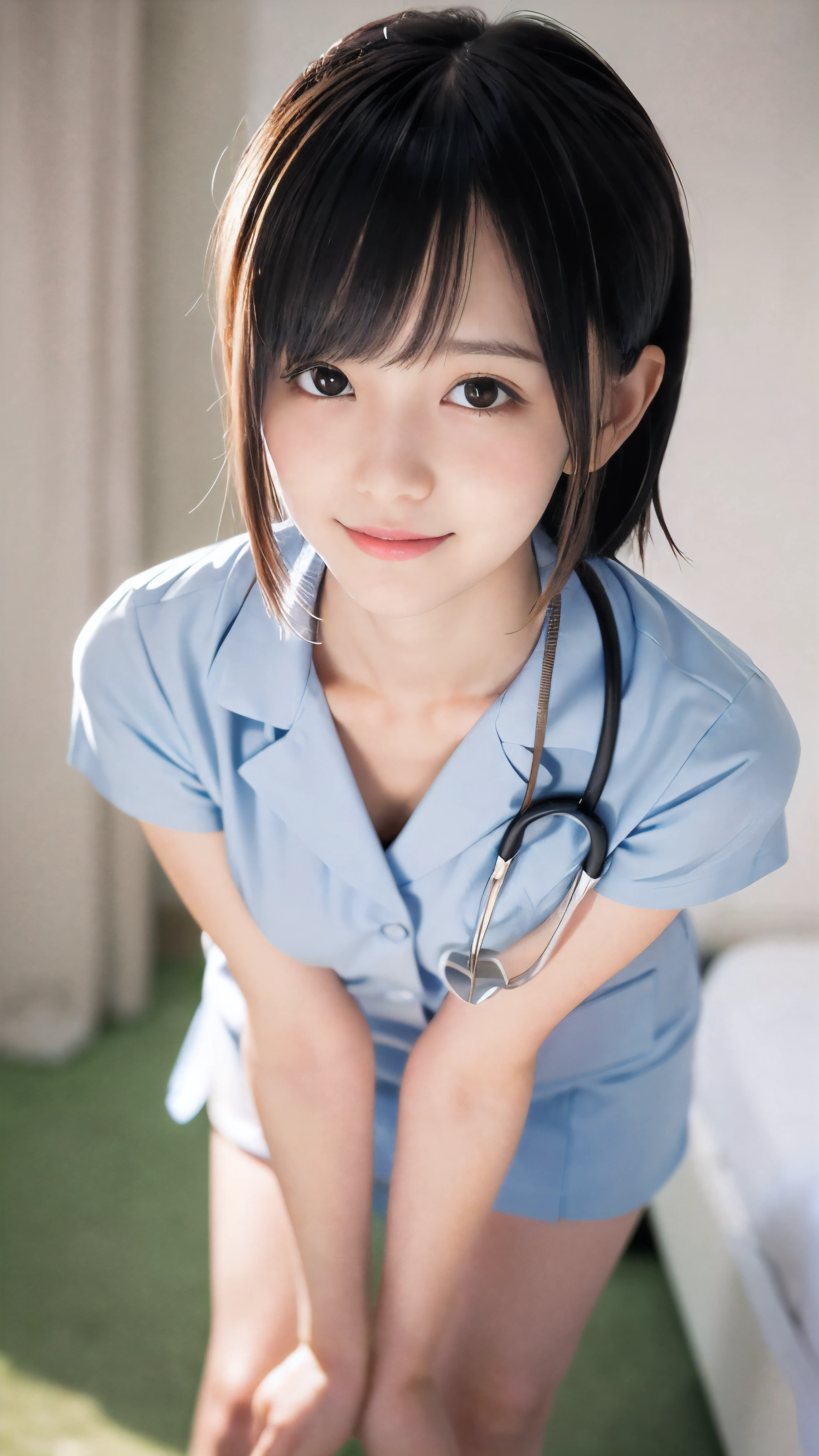 (Close-up face shot of one slender small breasts two side up black medium hair with bangs girl in a white nurse uniform without underware:1.5)、(One nurse open her arms in the hospital room with happy smile:1.5)、(blurred background:1.5)、(Natural light:1.5)、(High-key photo:1.5)、(8k ultra detailed master piece:1.5)、(perfect anatomy:1.5)、(Photorealistic stick:1.5)、(Raw photo:1.3)、(highest quality:1.5)、(High resolution:1.3)、(Delicate and beautiful perfect face:1.3)、(Delicate and beautiful eye air skin:1.3)、(Real Human Skin:1.3)、((thin legs))