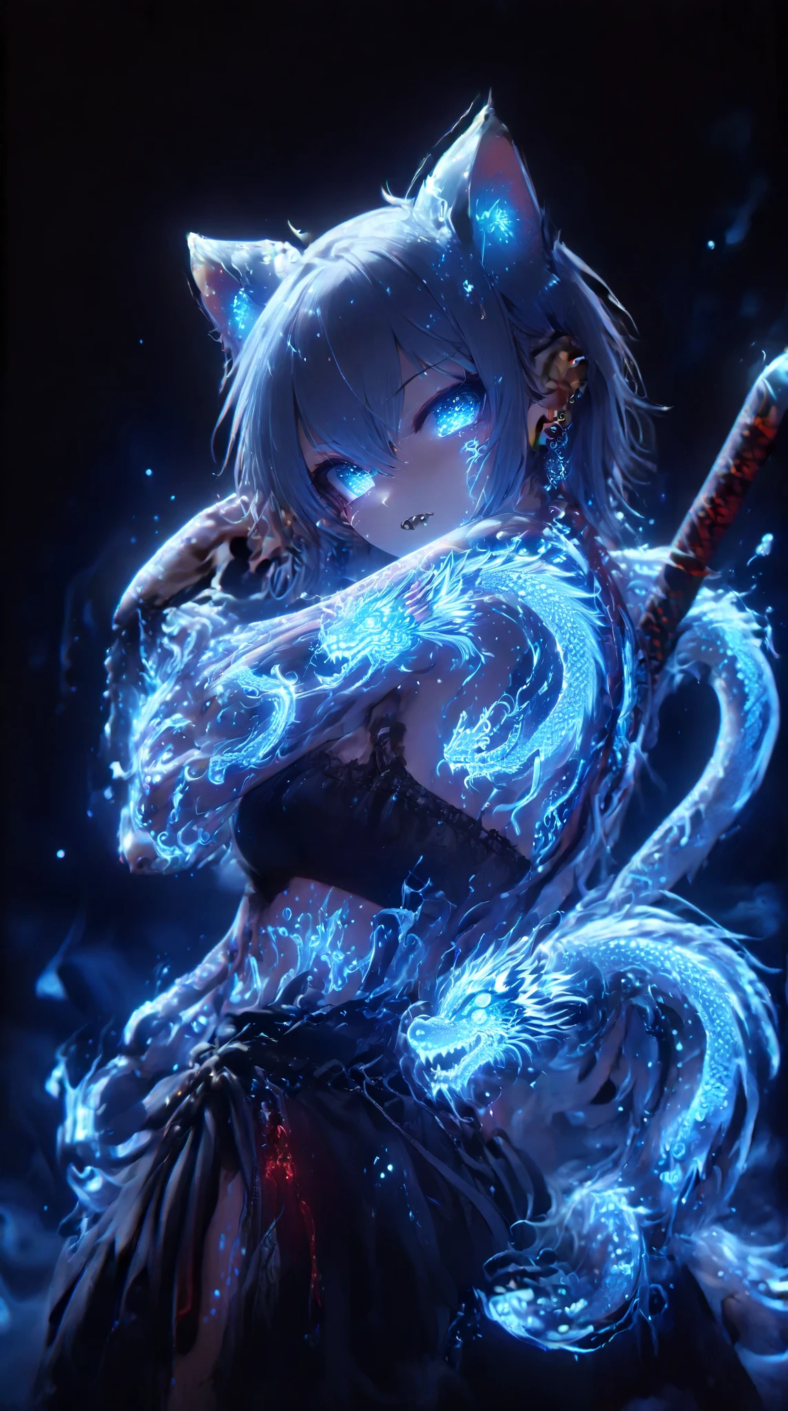 1人の pretty girl、 Masterpiece、 top quality，8K quality、 very aesthetic、 super high resolution 、 Chinese clothes、Cat ears、tail、 pretty girl、Cute、Beauty、beautiful、Tattoo、Earrings、Full body tattoo、aura、 very sexy、lure、 Japanese long sword 、Draw your sword、dragon、Lightning、pierce、many pose,6 pack abs、 Muscular、thunder、 Satu Stance、duel、Draw your sword、Sword fight、gauntlet、Rapidfire、Ambition、slash、Double teeth、adult、long sword